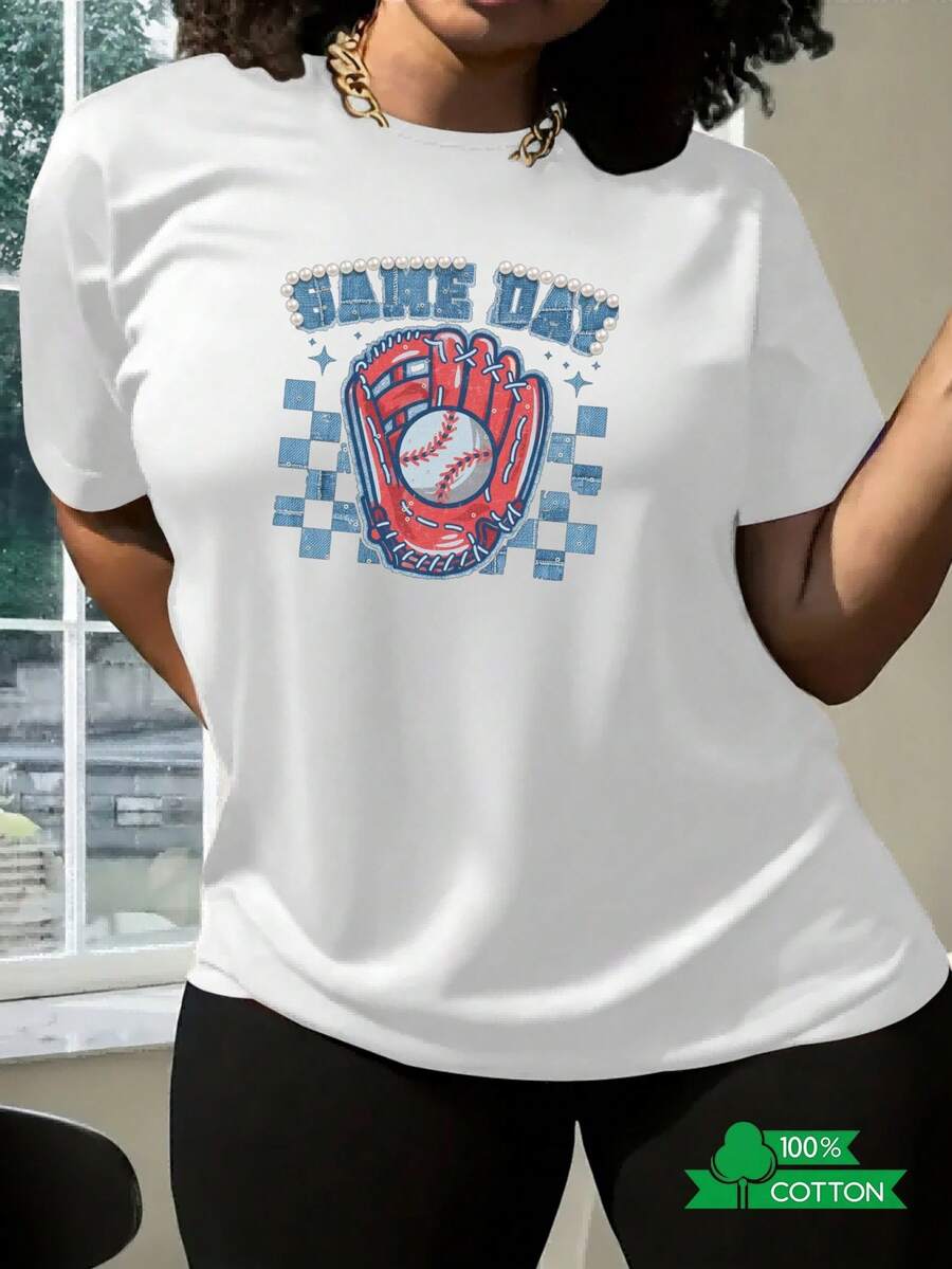 Camiseta de mujer de cuello redondo con estampado de letras y anime de moda, diseño simple, cómoda y transpirable, versátil para uso diario e casual, refrescante para el verano, esencial para fiestas, perlas de textura de mezclilla con envío local