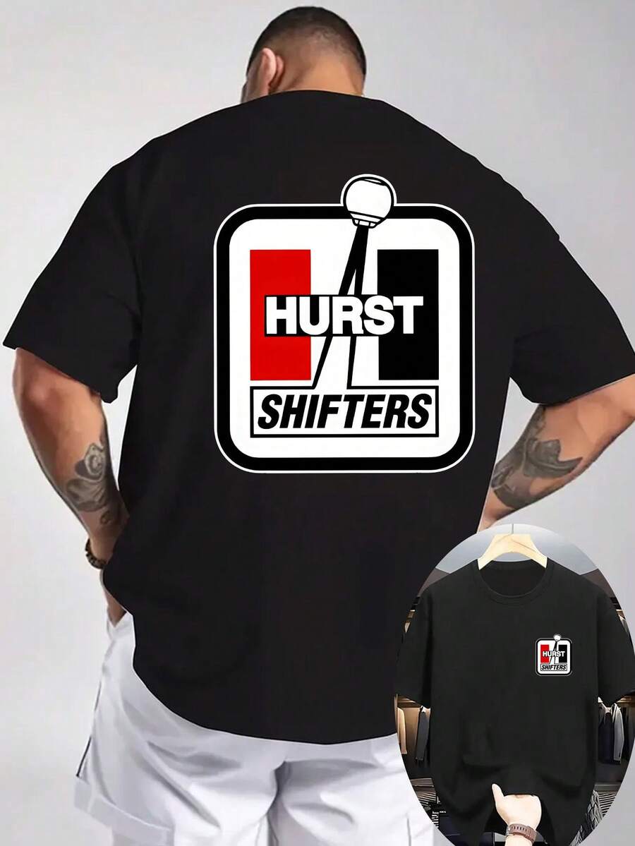 Nouveau t-shirt d'été pour hommes avec col rond côtelé et manches courtes, en tissu tricoté, rafraîchissant et confortable, avec une impression recto-verso à l'avant et à l'arrière, motif de levier de vitesses, t-shirt d'été imprimé pour hommes, convenant aux activités extérieures. - Noir - Voir 1