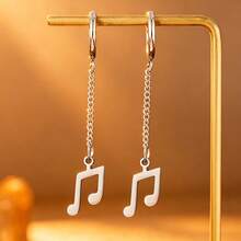1 Pair Stainless Steel Musical Note Chain Dangle Hoop Earrings, Punk Rock Style Stainless Steel Ear Drops, Gold And Silver Available, Men And Women Music Festival Daily Versatile Jewelry - Note - View 3