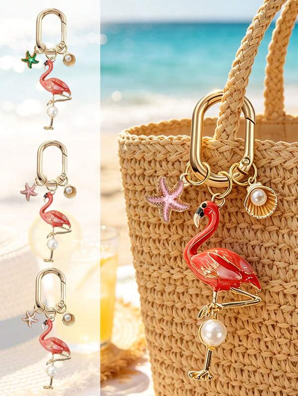Creative Pendants Featuring Starfish And Seashells, Ocean-Inspired Zinc Alloy Keyring, With Enamel Alloy Charms In The Shape Of A Lucky Flamingo; Lightweight, Luxurious, Earphone Case Decoration,Ideal For Valentine's Day, Mother's Day, Father's Day, Independence Day, Beach Lovers, Cute & Durable Keychain For Bags, Car Accessories, Gifts For Friends & Family, Rhinestone Sea Animal Pendant