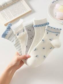 4 pares de calcetines cortos para mujer, estilo minimalista y cómodo, versátiles calcetines cortos con estilo de bosque, calcetines cortos con encaje floral y flores, calcetines casuales para estudiantes, adecuados para vacaciones, uso diario, trabajo, deportes, primavera/verano/otoño, colores aleatorios - Multicolor - Ver 8