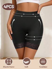MEIYATING 4pcs High Waist Tummy Control Butt Lifting Seamless Lace Pattern Panties For Women - Multicolor - View 3