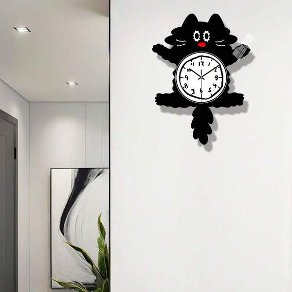 AUOKmall Fun Black Cat Cartoon Wall Clock, With Silent Hollow Shaped Design And Wall Decorative Art, Suitable For Home Decoration Such As Living Room, Study, Foyer, Bedroom, Kitchen, Dining Room, Office, Coffee Shop, Outdoor Courtyard, Etc. A Good Gift