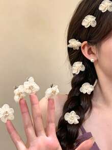 5件組女款時尚粉色花朵髮夾，甜美迷你髮夾，優雅公主櫻花毛絨髮夾，芭蕾風Y2K仙女髮飾 - 米色 - 查看 1