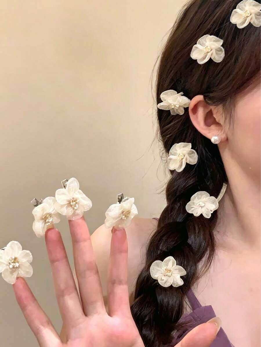 5件組女款時尚粉色花朵髮夾,甜美迷你髮夾,優雅公主櫻花毛絨髮夾,芭蕾風Y2K仙女髮飾 - 米色 - 查看 1