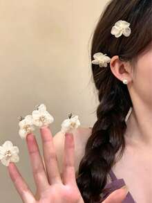 5件組女款時尚粉色花朵髮夾，甜美迷你髮夾，優雅公主櫻花毛絨髮夾，芭蕾風Y2K仙女髮飾 - 米色 - 查看 5