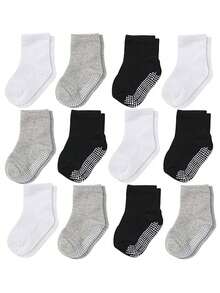 12 Pairs Anti-Slip Sole Mid-Calf Socks, Suitable For Infants, Toddlers, Children, Boys, Girls - Black and White - View 10