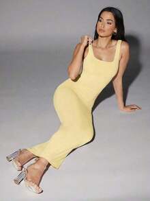 Vestido de tirantes de cuello redondo, vestidos de verano para mujer - Amarillo claro - Ver 4