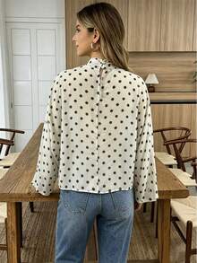1pc Apricot Stand Collar Polka Dot Print Bow Tie Long Sleeve Women's Fashion Solid Color Polyester Chiffon Fabric Ruffle Long Sleeve Suitable For Commuting Elegant Casual Vacation Date Spring Summer Women's Blouse - Apricot - View 8