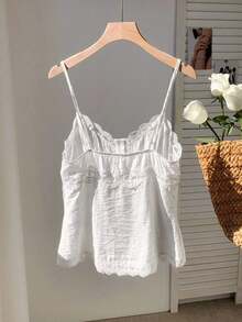 Top de tirantes de verano con diseño de botones e inserto de encaje amarillo para mujer - Blanco - Ver 2
