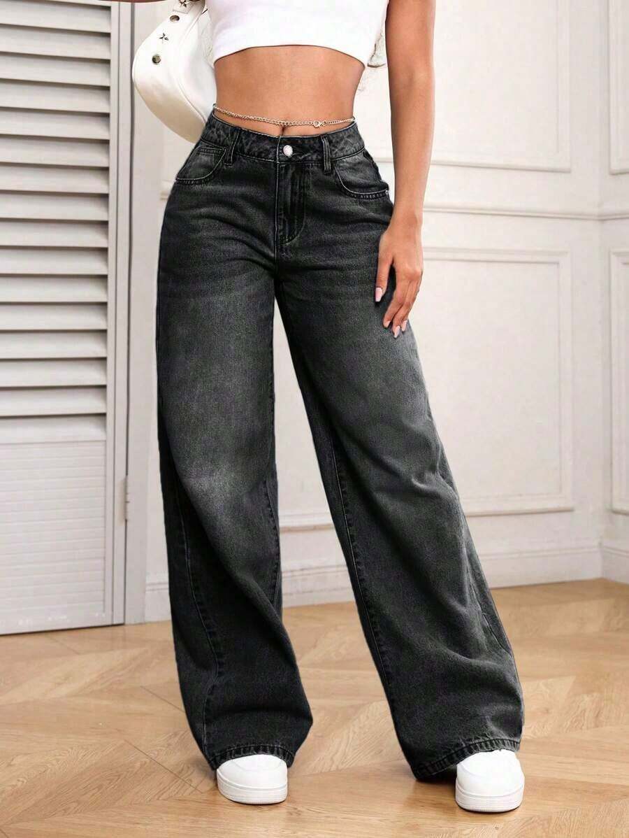 PETITE Jeans de mezclilla holgados de pierna ancha y bolsillos versátiles para mujer - Negro - Ver 1