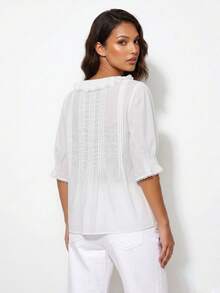 Women's Summer Ruffle V Neck Short Sleeve Blouse - Solid Color With Frog Buttons For Daily  Party - White - View 6