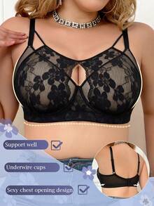 mimilemon Plus Size Women's Black Lace Sheer Push-Up Bra - Breathable Comfortable Hollow-Out Design Full Support - Black - View 2