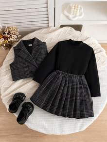 3pcs Young Girl's Casual Fashion School Style Patterned Vest Jacket, Paired With Simple Solid Turtleneck T-Shirt And Chic Plaid Pleated Skirt Set, Suitable For Daily, Outdoor, Commute, School, And Vacation - Black - View 1