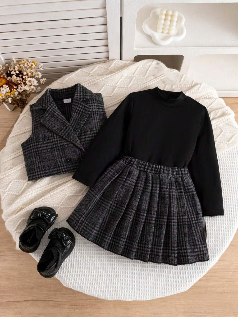 3pcs Young Girl's Casual Fashion School Style Patterned Vest Jacket, Paired With Simple Solid Turtleneck T-Shirt And Chic Plaid Pleated Skirt Set, Suitable For Daily, Outdoor, Commute, School, And Vacation - Black - View 1