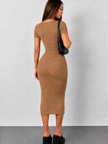 MHG Vestido Midi Ajustado Mujer Tela Rib Acanalada Manga Corta Casual Elegante Stretch Moldea Figura Moda Viral - Camel - Ver 3