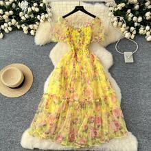 Vestido retro floral de gasa para mujer, con cintura ajustada, manga abullonada, falda de malla, estilo suave y cado para... - Amarillo - Ver 1