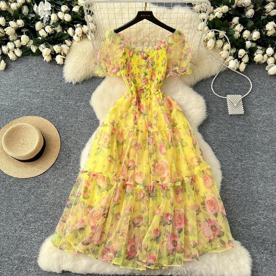 Vestido retro floral de gasa para mujer, con cintura ajustada, manga abullonada, falda de malla, estilo suave y cado para... - Amarillo - Ver 1