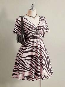 Vestido de manga corta con estampado de cebra, corte slim, tallas grandes, adecuado para el verano, vuelta al colegio, baile de graduación y otras ocasiones. - Multicolor - Ver 8