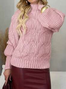 Women's Winter Woolen Turtleneck Sweater With Braided Knit Detail - 復古粉色 - 查看 2