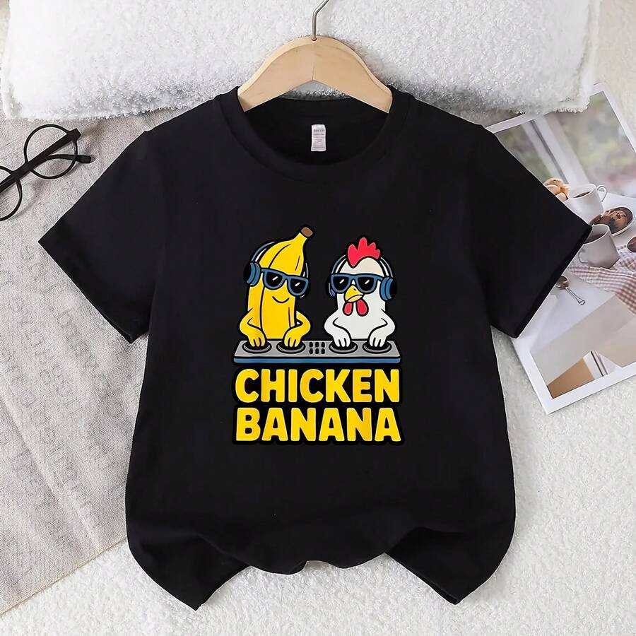 Summer Street Style Edition For Little Chicks!Chickens Bananas Fun Print Boys'Black Short Sleeve Shirt, Comfortable And Breathable - 款式 - 查看 1