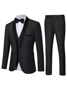 Men Suit 4 Pcs Blazer Jacket Vest Pants Tie Shawl Collar Single Breasted One Button For Party Wedding Groomsmen Formal Attire - màu đen - Xem 7