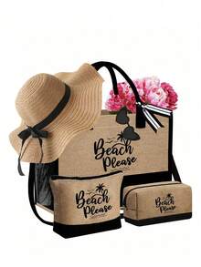 Women's Beach Themed Handbag Set, Featuring Artistic "Beach Beach" Text And Palm Tree Prints, Includes 1 Large Capacity Tote Bag And 2 Cosmetic Pouches - Khaki - View 18