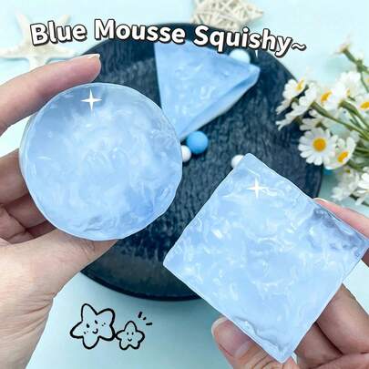 1pc Bestselling Transparent Blue Mousse Cake Squeeze Toy, 3 Styles - Triangle, Square, Circle, Soft And Squishy Toy For Girls, Suitable For Office, Home, Party, Finger-Tip Soft And Sticky Stress Relief Gadget