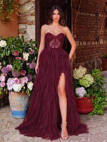 Faeriesty Women's Elegant Strapless Long Formal Evening Dress, Lace Decor, Multi-Layered Delicate Tulle Dress, Suitable For Weddings, Parties And Celebrations Party - Burgundy - View 5