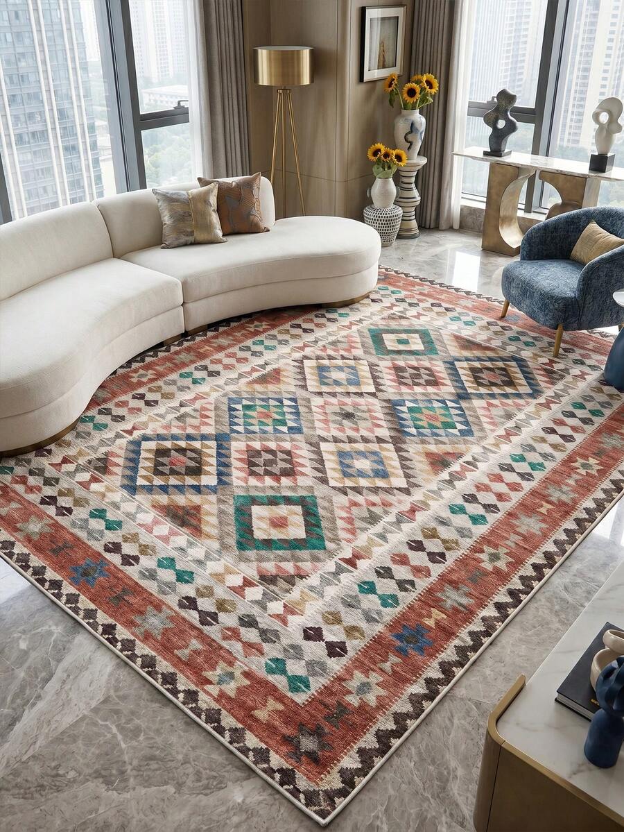 1 pieza Alfombra multicolor de diamante para sala de estar, adecuada para cocina, comedor, dormitorio, decoración de habitación festiva, interior/exterior, oficina, vestíbulo, felpudo antideslizante, alfombra de baño, pasillo, alfombra de área de estudio y juegos
