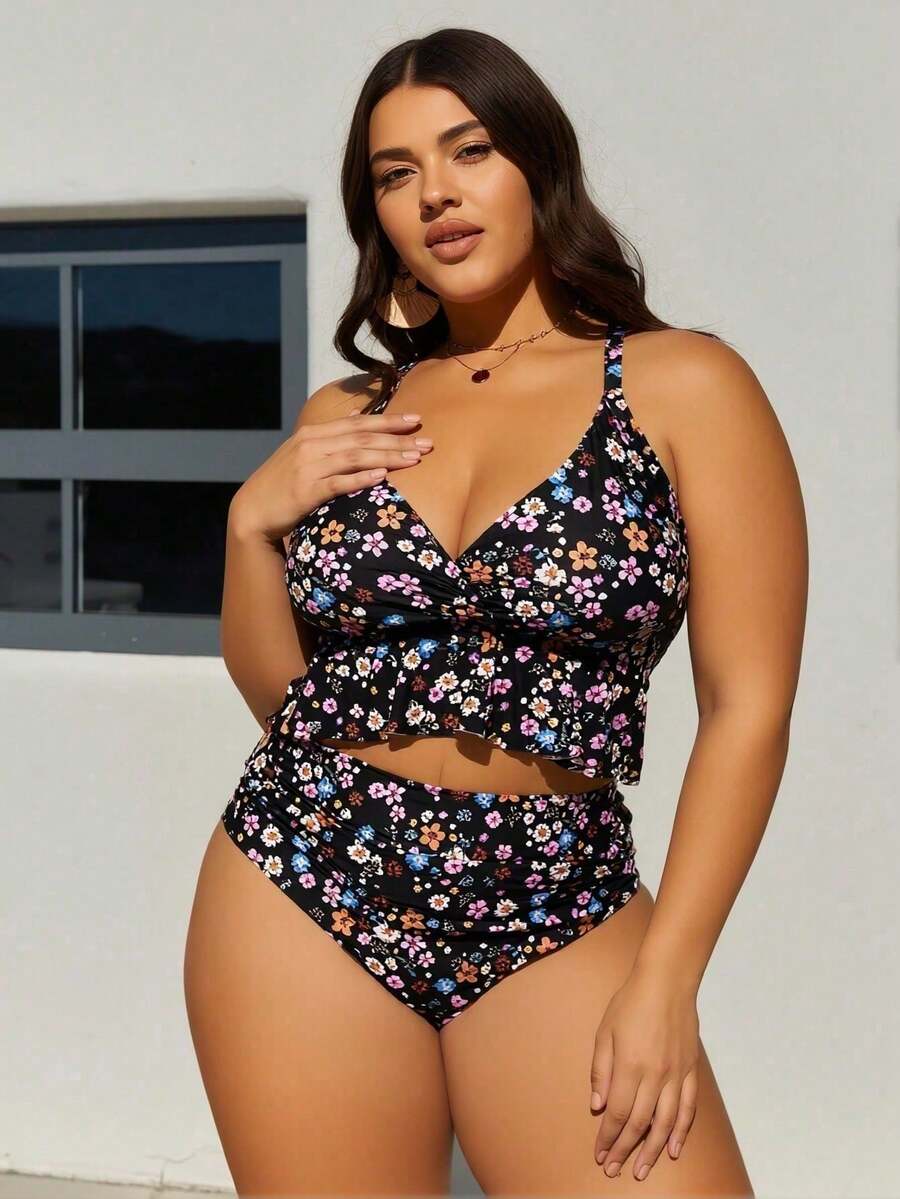 Plus Size Black Ditsy Floral Ruffle Hem High Waist Bikini Set - 彩色 - 查看 1