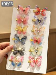 10pcs/Set Vintage Gradient Butterfly Hair Clips, Women's Hair Accessories, Ethereal Girl Hair Pins, Bangs Side Clips, Exquisite Tulle Elegant Rhinestone Design, Daily Use - Multicolor - View 10