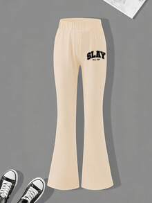 2件組 青少年女孩圓領短袖T恤印有「SLAY」字樣搭配簡約喇叭褲，夏季套裝 - 杏色 - 查看 6
