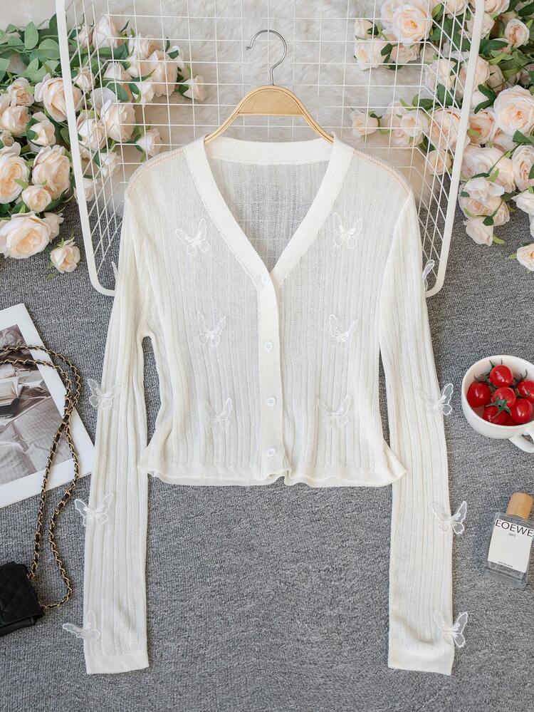 Women's White Knitwear Cropped Cardigan With V Neck And Long