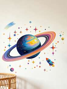 星空太空人火箭圓盤牆面裝飾，含九大行星背景，可拆卸，適用於兒童房或客廳牆貼 - 彩色 - 查看 10