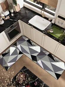3.5mm Thick Absorbent Rubber Kitchen Mat, Large Or Small Rug, Modern Geometric Abstract Design In Black, White And Gray Tones With Layered Triangle Patterns, Faux Marble Texture Decorative Carpet, Can Be Trimmed To Fit Kitchen, Living Room Or Bedroom - Multicolor - View 10