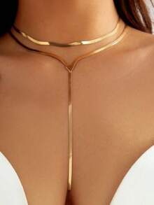 2pcs/Set Double Layer Snake Bone Chain Necklace, Gold Color, Simple & Versatile Long Necklace For Women, Suitable For Daily Wear And Party - Silver - View 4