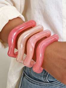 Set de 4 piezas de pulseras abiertas onduladas de unicolor de resina acrílica minimalista vintage elegante, adecuadas para uso diario, vacaciones, fiestas, Día de San Valentín, apilables, nuevos lanzamientos 2026 - Rosa - Ver 24