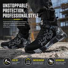 Men's Black High-Top Steel Toe Work Sneakers, Puncture-Proof Safety Shoes With Kevlar Midsole, Breathable Mesh Industrial Work Boots, Anti-Slip Shock Absorption, Wear-Resistant Construction Footwear, Durable All-Day Comfort Safety Shoes For Construction Workers, Warehouse Staff, Factory Workers & Mechanics, ASTM Compliant Protective Work Shoes, Lightweight Indestructible Black Orange Work Footwear For Men - Black - View 6