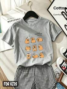 Young Girl Summer T-Shirt For Girls, Featuring An Adorable Custom Coffee Bear Design On A Classic Round-Neck Cut, Perfect Short Sleeve Fit For Comfortable Everyday Wear; Oversized Top In A Sweet Style, Brilliantly Combining Preppy And Streetwear Elements, Bringing Out A Mix Of Cute And Unique Flair This Summer. - Ash - View 4