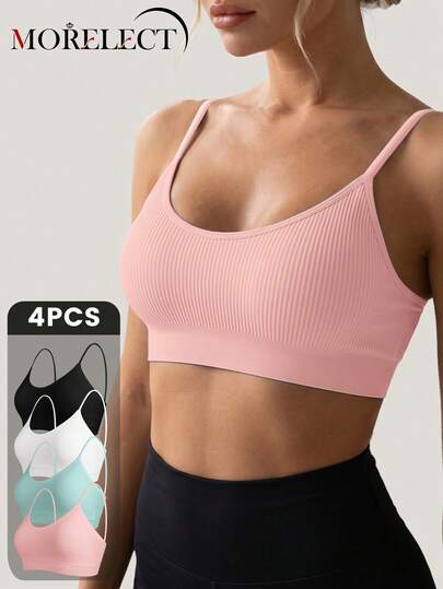 Morelect 4pcs/Set Women's Wireless Bras, Removable Pads, Daily Wear, Striped Design