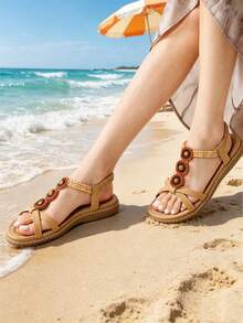Comfortable Dressy Summer Flat Sandals For Women, Cute Elastica Ankle Strap Ladies Elegant Bohemian Vacations Beach Sandals - 杏色 - 查看 1