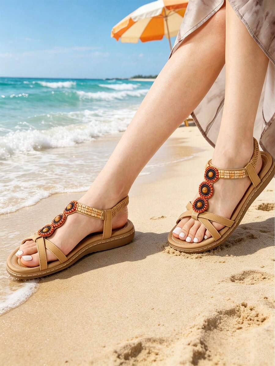 Comfortable Dressy Summer Flat Sandals For Women, Cute Elastica Ankle Strap Ladies Elegant Bohemian Vacations Beach Sandals - 杏色 - 查看 1