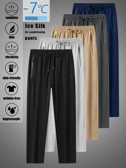 Men's Silky Sports Pants, Summer Solid Color Loose Fit Elastic Waist Sports Trousers, Zipper Pockets, Casual Sports, Fitness, Workout, Running Bottoms