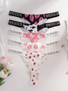 5pcs/Set Comfortable Skin-Friendly LOVE Letter Rhinestone Decor Sexy Sweet Print Plus Size Seamless Thong Panties For Women - Multicolor - View 8