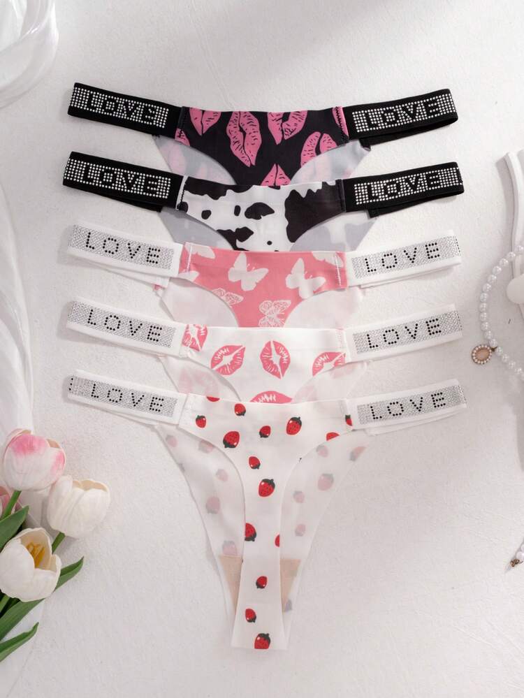 5件組舒適親膚 LOVE字母水鑽裝飾性感甜美印花大尺碼無痕丁字褲女用 - 彩色 - 查看 7