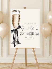 1pc Customizable Champagne-Style Birthday Welcome Sign, Customizable Name And Date, Elegant Black Bow Design, Suitable For 21st/30th/40th Birthday Party Decor, Home Decor, Party Decoration, Aesthetic Home, Yard Sign - Multicolor - View 5
