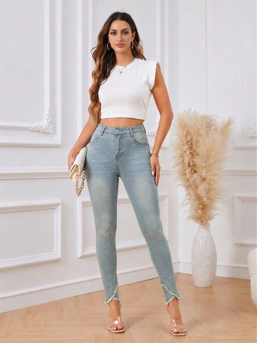 High-Waist Light-Colored Jeans For Women, Long Pants, Fashionable Women ...