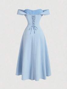 MOD Vestido romántico de un solo hombro con diseño de espina de pescado falso - Azul - Ver 2
