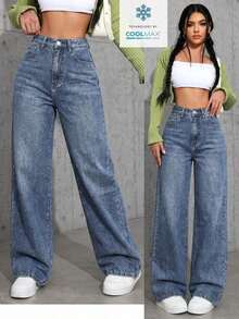 Women's Pocketed Wide Leg Relaxed Casual Denim Jeans - 深色洗 - 查看 1